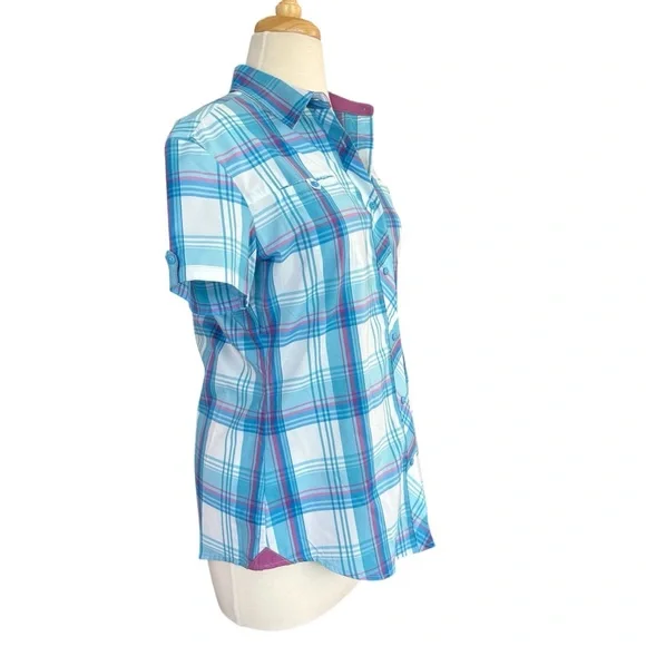 KUHL Women’s Plaid Button Up Short Sleeve Hiking Shirt Blue White Purple Medium - Picture 2 of 12